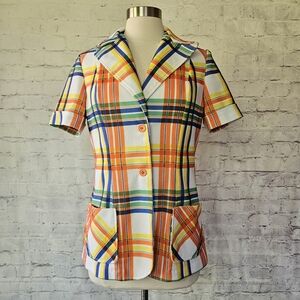 Vintage 70s Marty Gutman Plaid Short Sleeve Button Front Collared Top Pockets